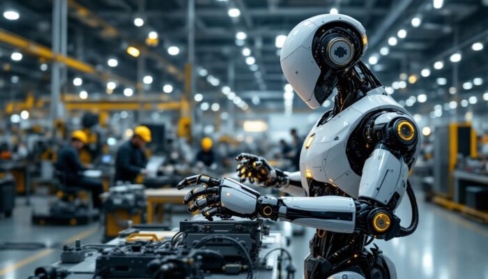 A photograph of a sleek industrial robot in action at a modern manufacturing facility