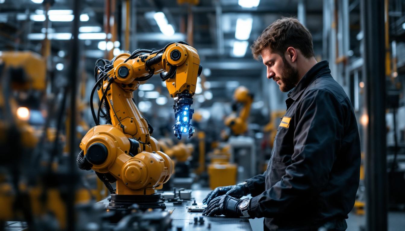 A photograph of a skilled technician operating an industrial robot in a training environment