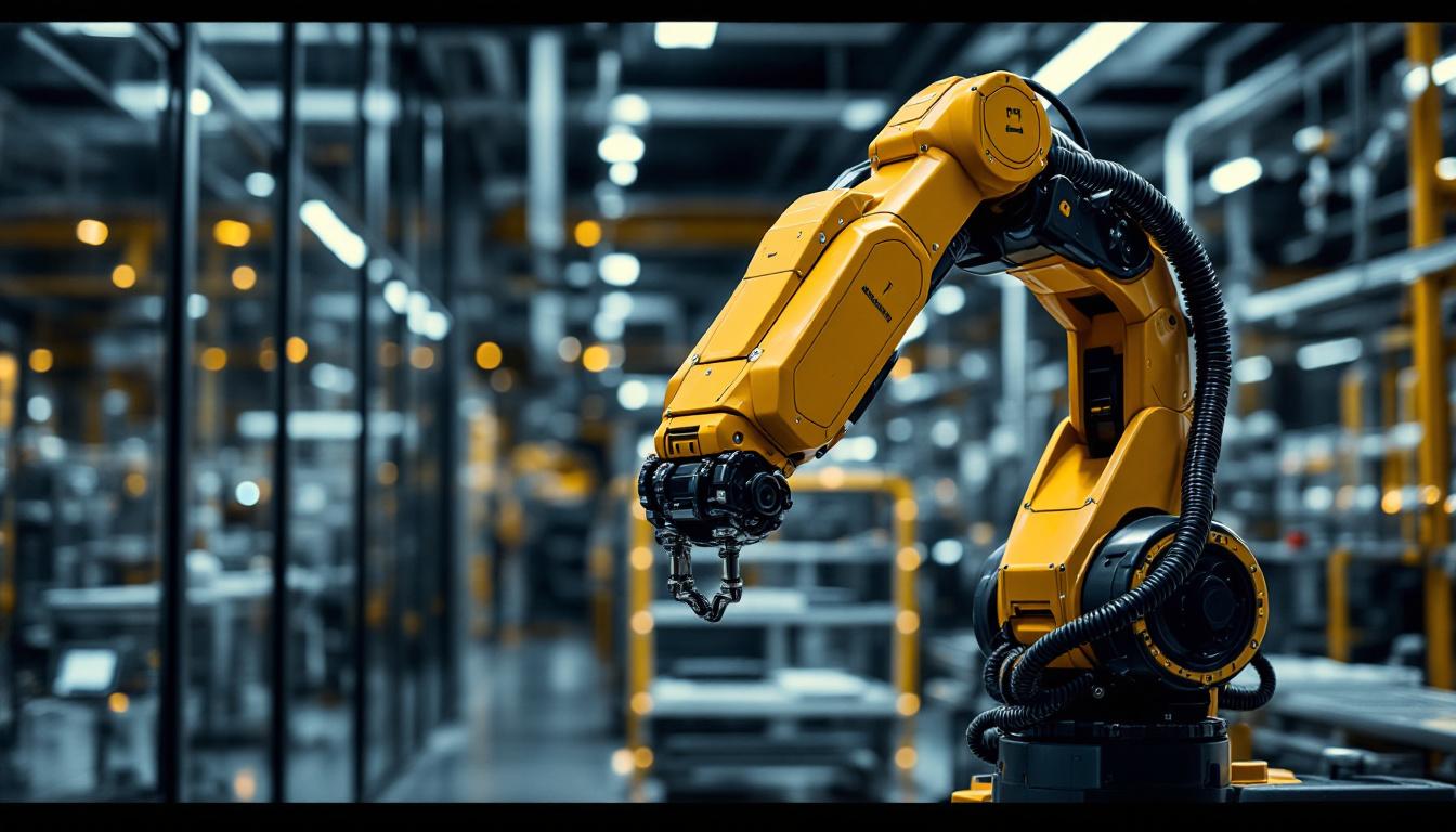 A photograph of a sleek industrial robotic arm in action within the boston scientific corporation headquarters