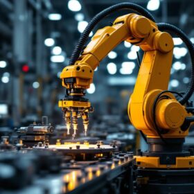 A photograph of a modern industrial robotic arm in action within a waltham manufacturing facility