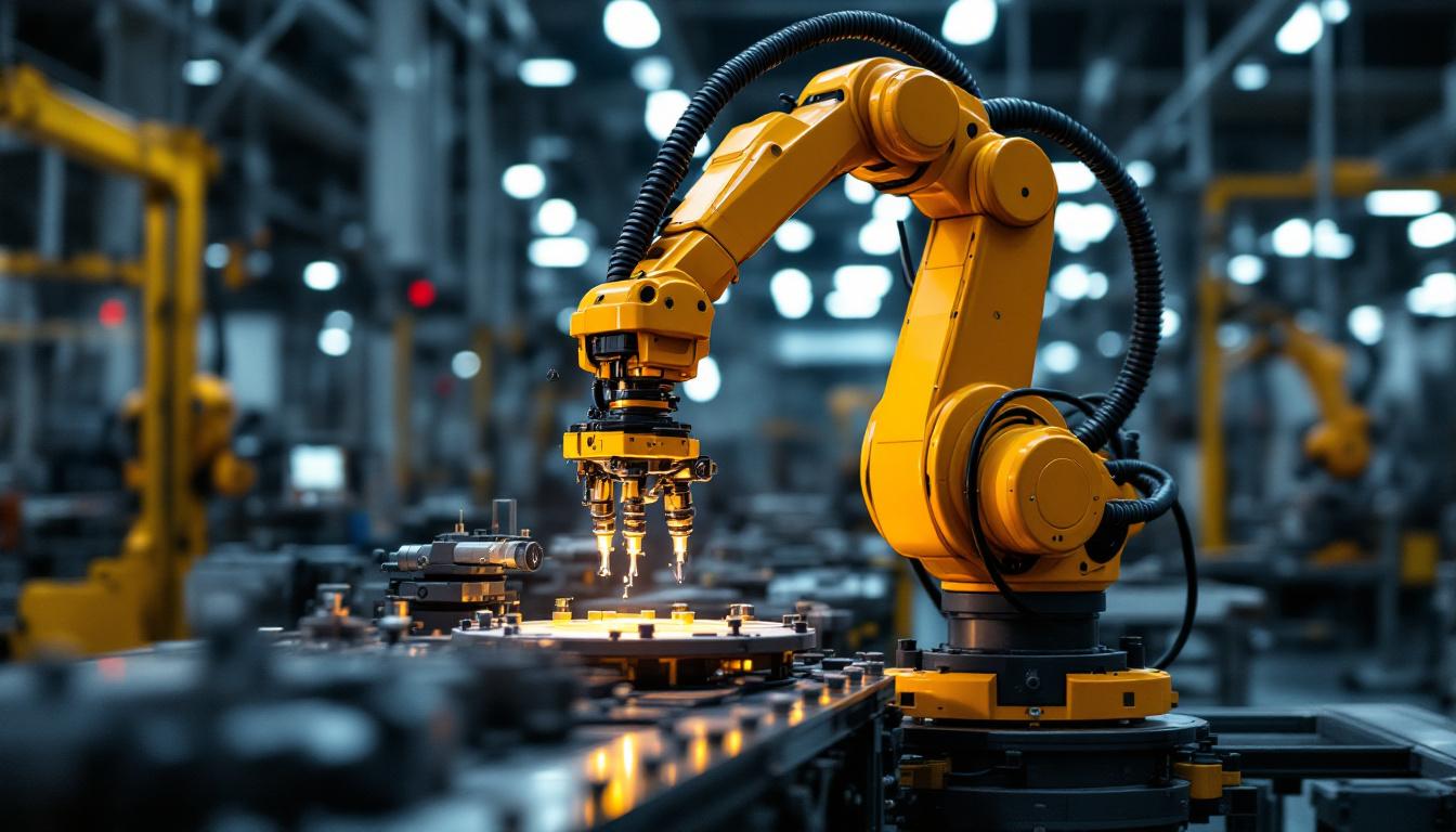 A photograph of a modern industrial robotic arm in action within a waltham manufacturing facility