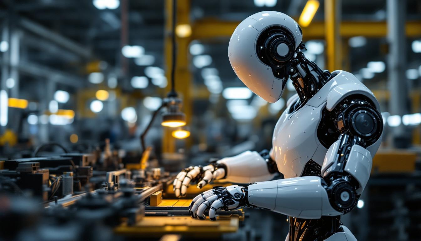 A photograph of a sleek industrial robot in action within a manufacturing environment