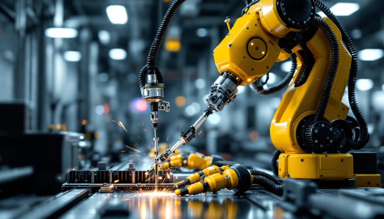 A photograph of a sleek industrial robot in action