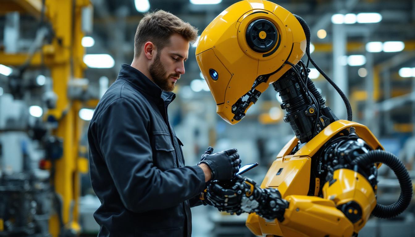 A photograph of a skilled technician interacting with a modern industrial robot in a manufacturing setting