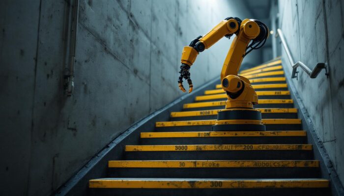A photograph of a robotic arm navigating a set of steep