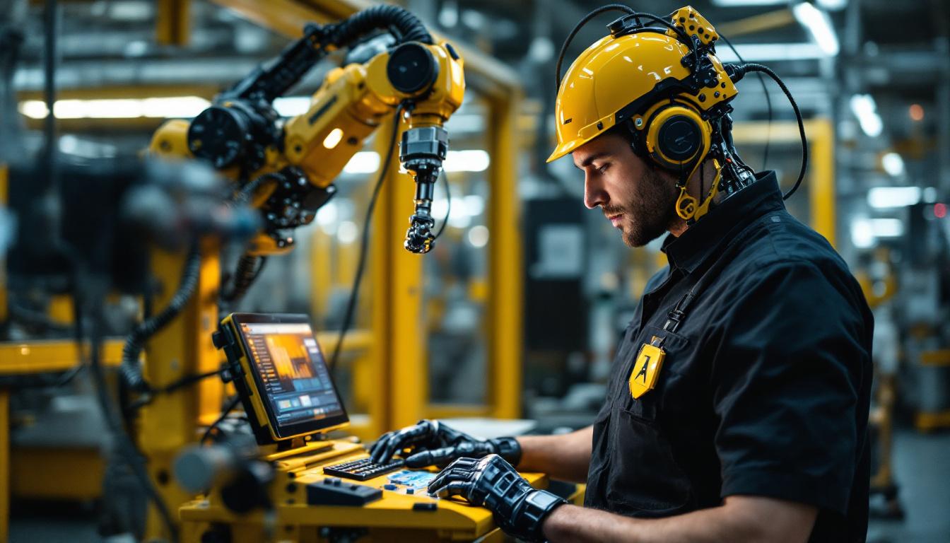 A photograph of a skilled technician programming or operating an industrial robot in a modern manufacturing setting