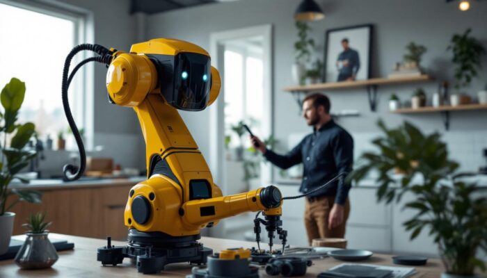 A photograph of a sleek industrial robotic arm in action during a home inspection