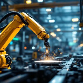 A photograph of a state-of-the-art industrial robotic arm in action within a bustling manufacturing environment