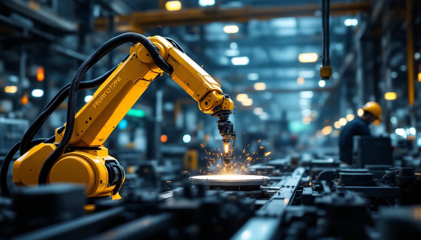 A photograph of a state-of-the-art industrial robotic arm in action within a bustling manufacturing environment