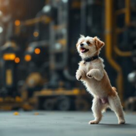 A photograph of a playful dog walking on its hind legs in an urban setting