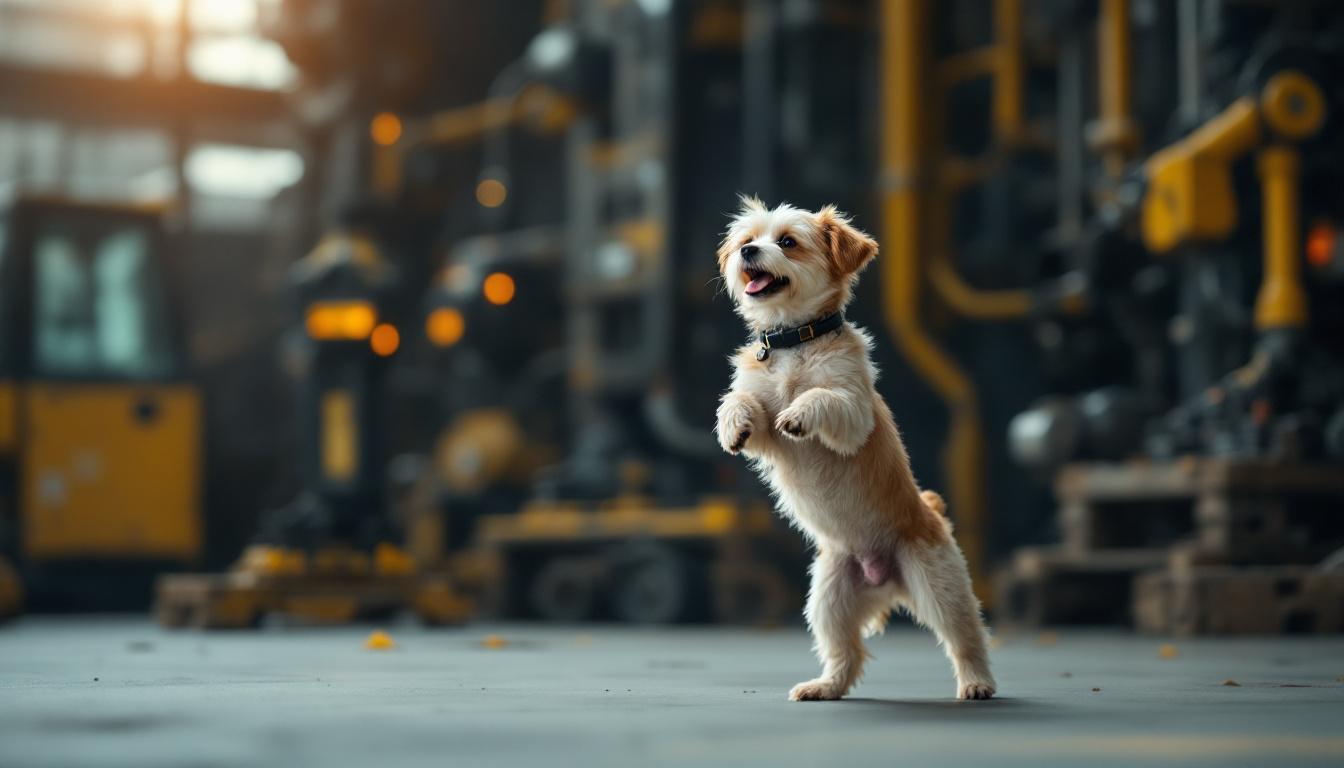 A photograph of a playful dog walking on its hind legs in an urban setting