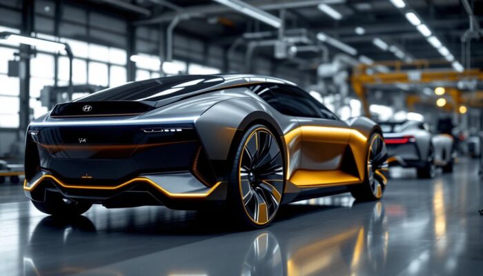 A photograph of capture a photograph of the 2022 hyundai n vision 74 in an industrial setting