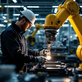 A photograph of a skilled technician operating an industrial robotic arm in a modern manufacturing environment
