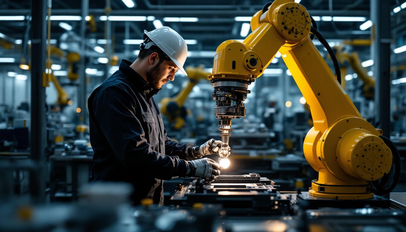 A photograph of a skilled technician operating an industrial robotic arm in a modern manufacturing environment
