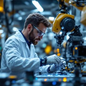 A photograph of a biological engineer working alongside advanced industrial robotics in a lab setting