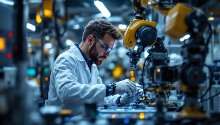 A photograph of a biological engineer working alongside advanced industrial robotics in a lab setting