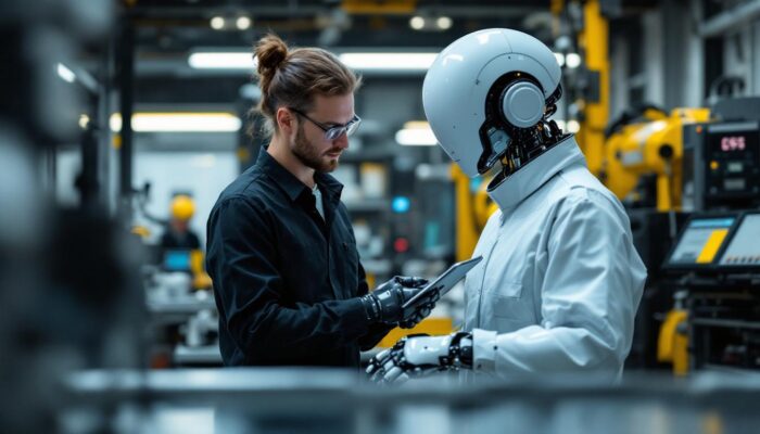 A photograph of a skilled biomedical engineer working alongside an advanced industrial robot in a modern lab setting