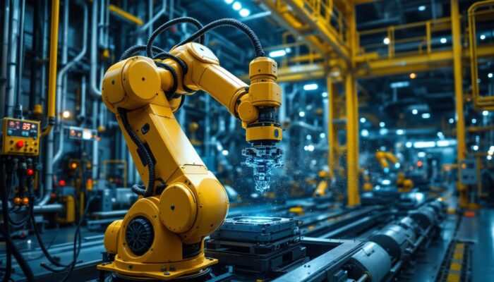 A photograph of a robotic arm or industrial robot in action at a nuclear facility