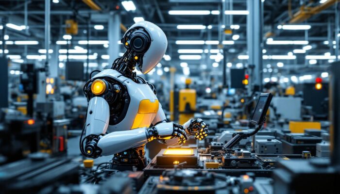 A photograph of a sleek industrial robot in action within a modern manufacturing facility