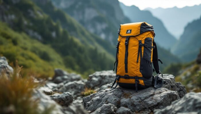 A photograph of a rugged outdoor setting featuring the outdoor research field explorer pack - 20 l prominently displayed on a rocky terrain
