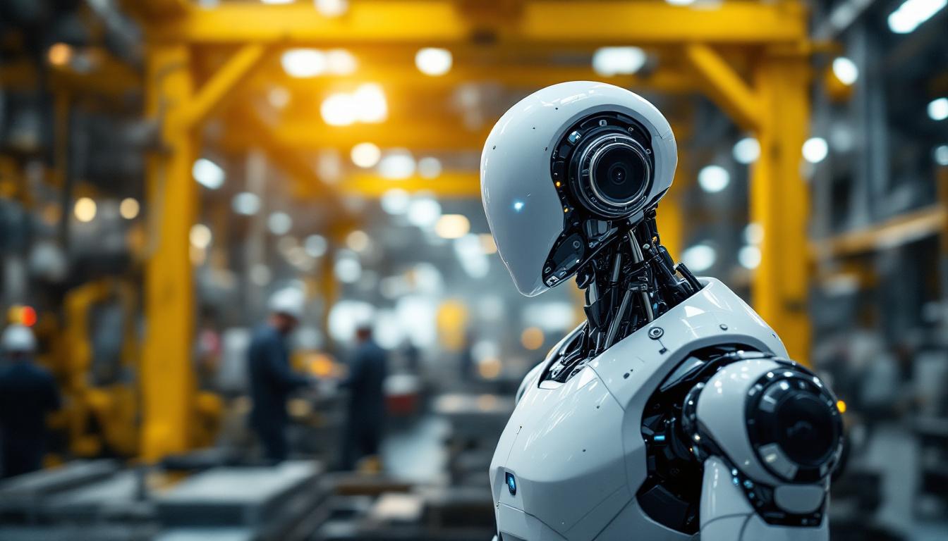 A photograph of a sleek industrial robot in action within a modern manufacturing facility