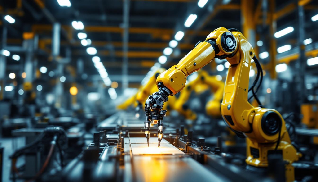 A photograph of a dynamic industrial setting showcasing a robotic arm in action