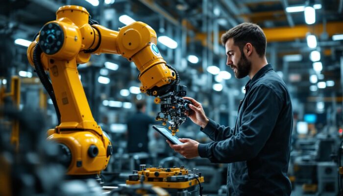 A photograph of a skilled technician programming an industrial robotic arm in a modern factory setting