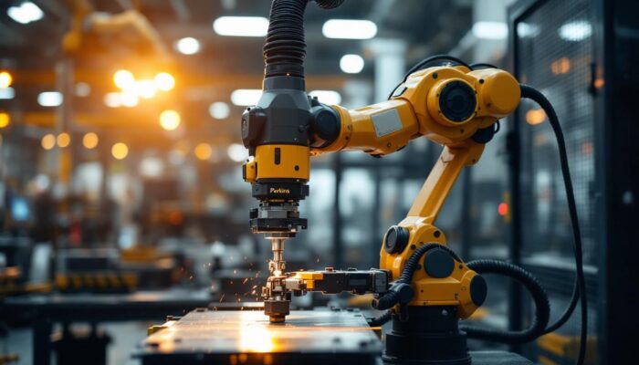 A photograph of a sleek industrial robot in action within a modern manufacturing environment