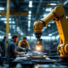 A photograph of capture a photograph of a sleek industrial robotic arm in action within a modern manufacturing facility