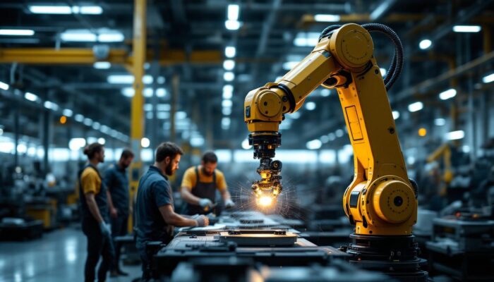 A photograph of capture a photograph of a sleek industrial robotic arm in action within a modern manufacturing facility