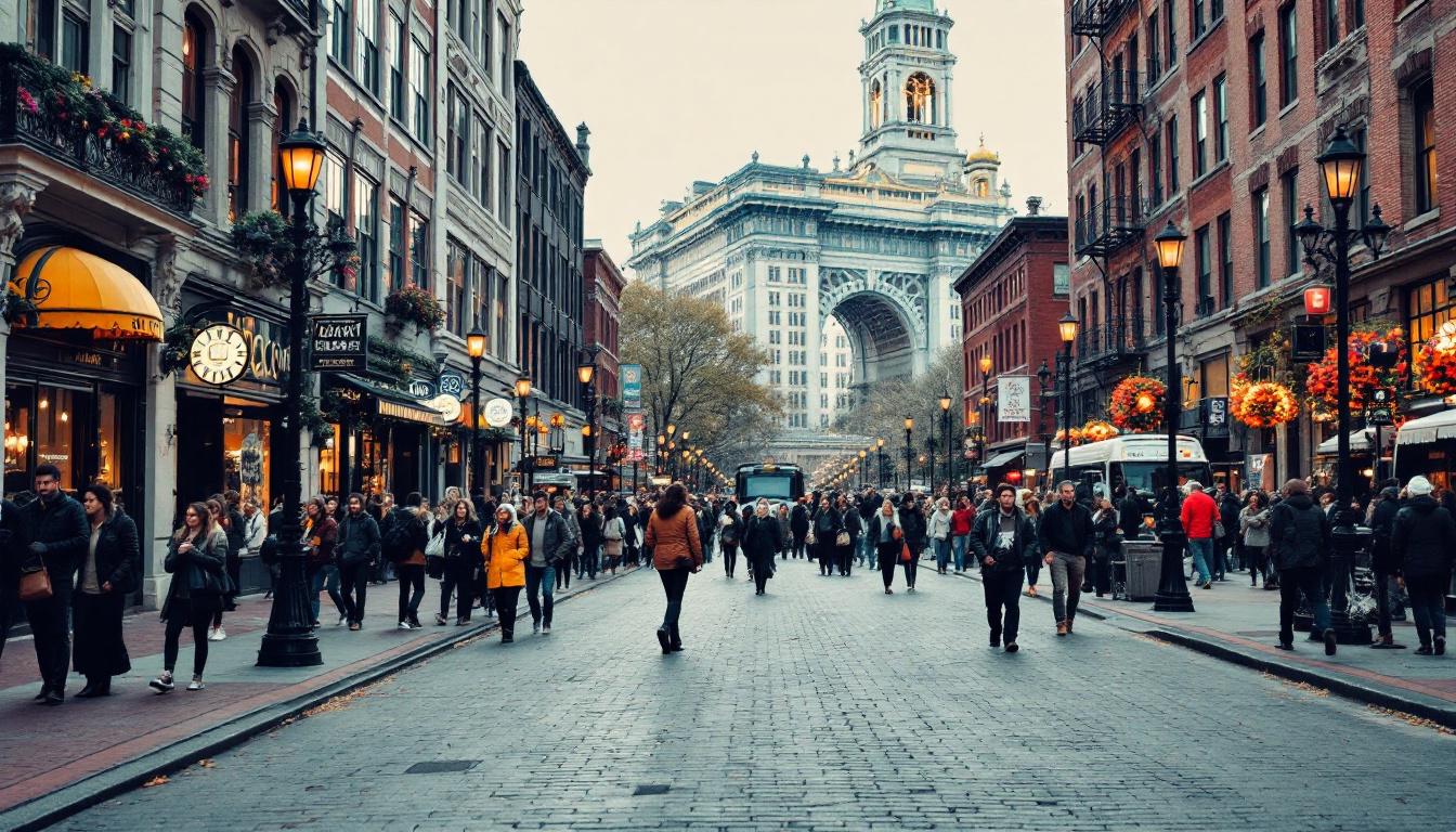 A photograph of capture a photograph of a bustling boston street scene