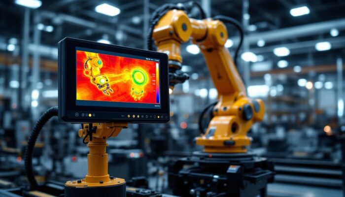 A photograph of a high-tech industrial robotic arm equipped with an electrical thermal scanner in action