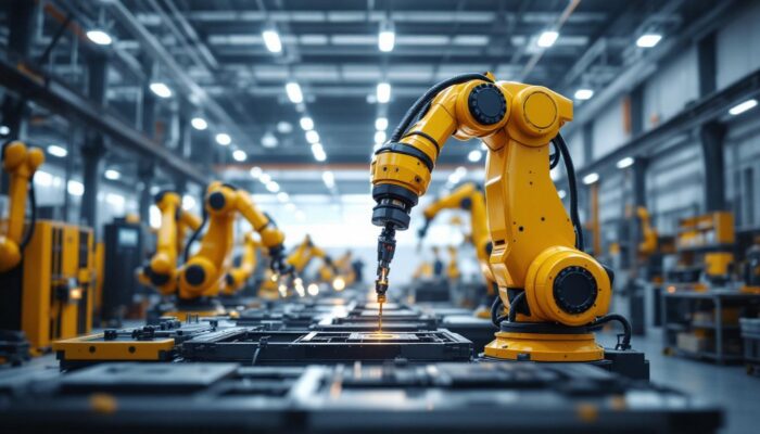 A photograph of a sleek industrial warehouse interior showcasing advanced robotic arms in action