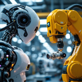 A photograph of a modern industrial robot in action