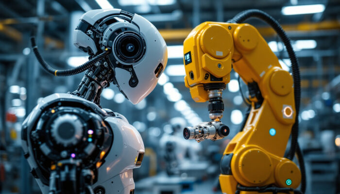 A photograph of a modern industrial robot in action