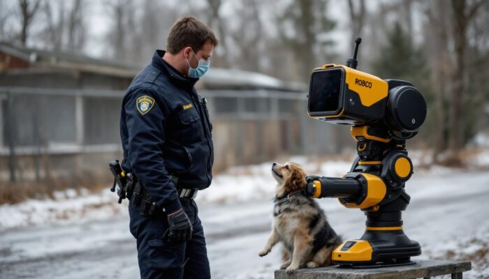 A photograph of a billerica animal control officer interacting with an industrial robotic device