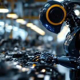 A photograph of a sleek industrial robot in action