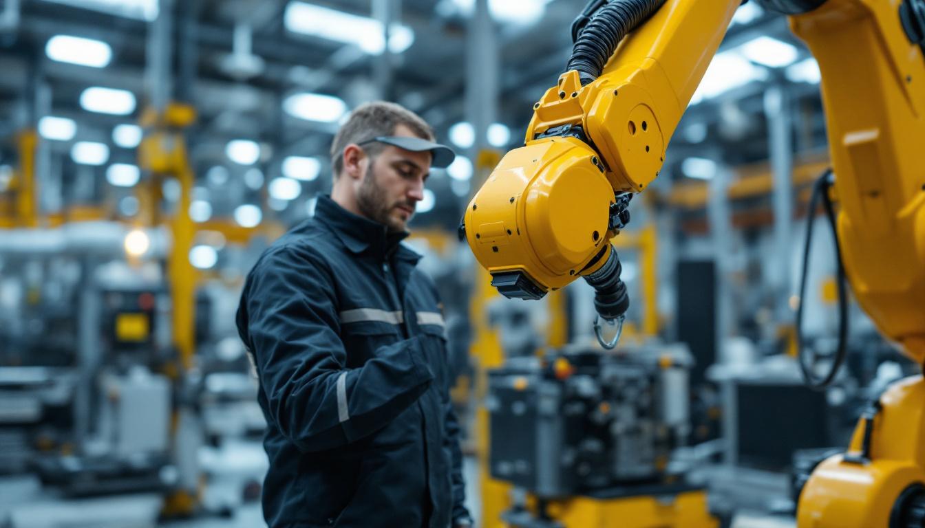 A photograph of a skilled technician operating an industrial robotic arm in a modern maintenance facility