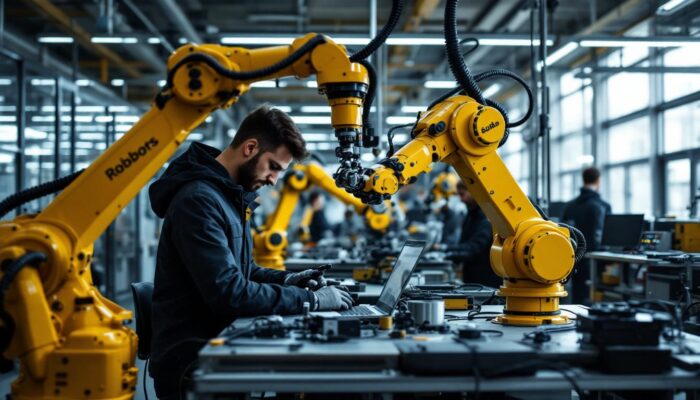 A photograph of a dynamic industrial robotics lab at a college in waltham