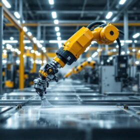 A photograph of a modern industrial robotic arm in action within a clean and organized boston manufacturing facility