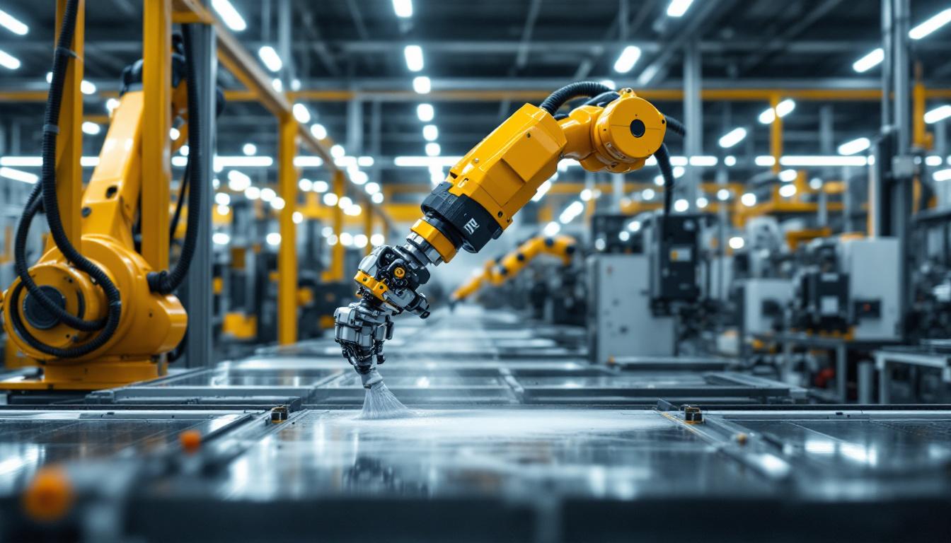 A photograph of a modern industrial robotic arm in action within a clean and organized boston manufacturing facility
