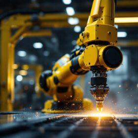 A photograph of a sleek industrial robotic arm in action