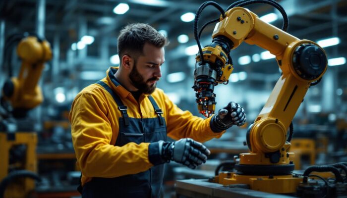 A photograph of a skilled technician interacting with an industrial robotic arm in a modern manufacturing environment