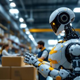 A photograph of a sleek industrial robot in action within a warehouse setting