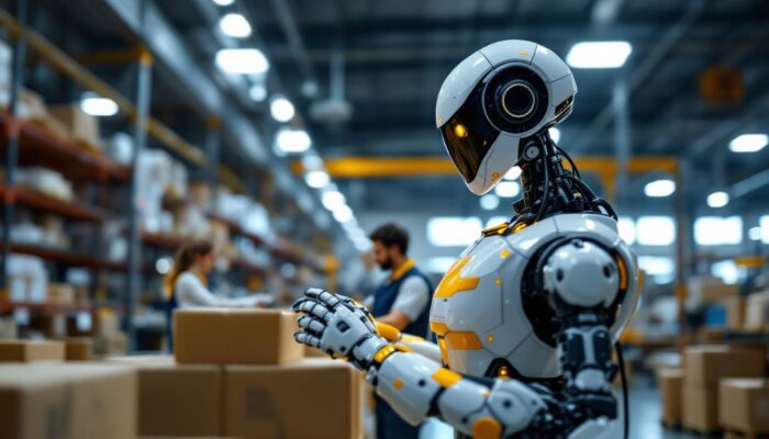 A photograph of a sleek industrial robot in action within a warehouse setting