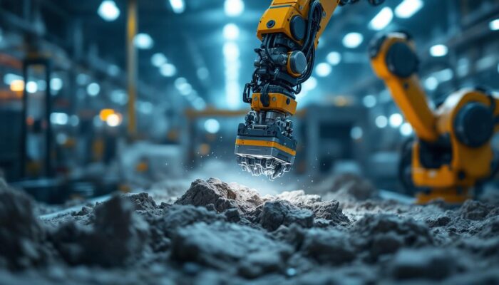 A photograph of a dynamic industrial robotic arm in action