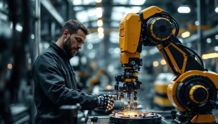A photograph of a skilled technician interacting with an industrial robot in a modern manufacturing setting