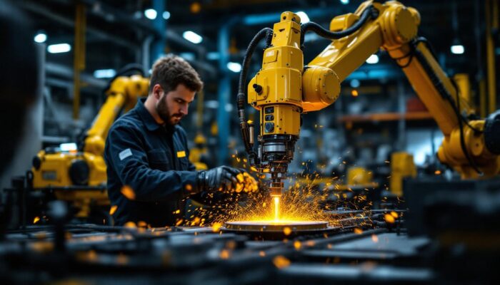 A photograph of a skilled technician operating an industrial robotic arm in a modern facility