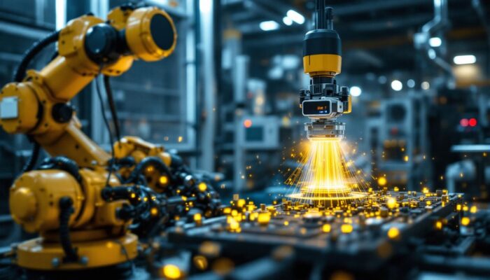 A photograph of a 3d lidar sensor in action within an industrial setting