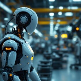 A photograph of a sleek industrial robot in action within a modern manufacturing environment